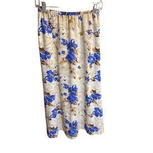 Vintage 90s BICE Blue White Tan Floral Elastic Waist Long Maxi Skirt Sz 8